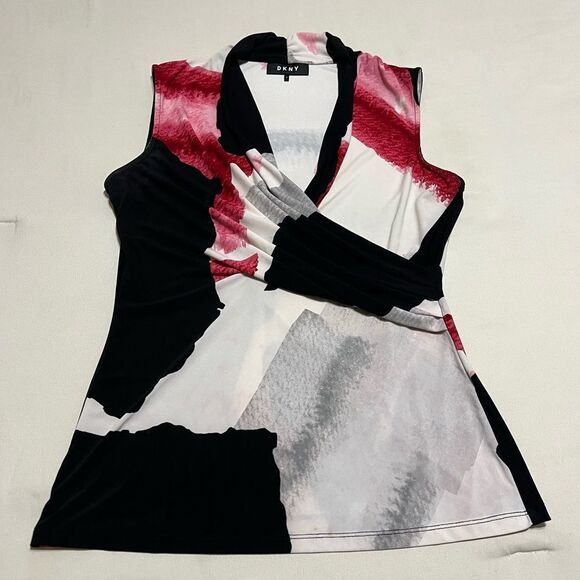 DKNY Black and White Sleeveless Wrap Blouse - Picture 1 of 13